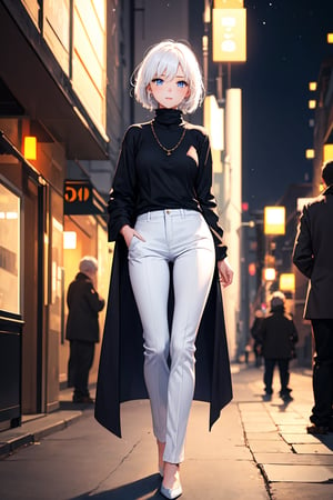 1girl, short hair, ,white hair, blue eyes, black shirt, turtleneck, white pants, full_length, standing, outdoor, (city:0.9), depth of field, night, light particles, light rays, sidelighting