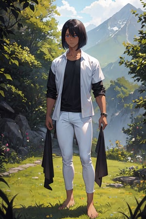 masterpiece, best quality, ultra detailed, absurdres, 1boy, dark skin, black hair, bob cut, BREAK shirt, black shirt, long sleeve, BREAK skinny pants, white pants, bare feet, standing, outdoor, grass, nature, mountains