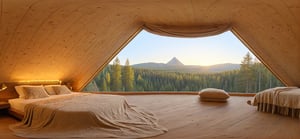 A cozy bedroom with soft, ambient lighting, featuring a unique triangle-shaped window overlooking a serene forest. The window lets in a warm, golden glow as the sun sets, casting intricate shadows on the wooden floor. The bed is adorned with plush, textured blankets and pillows, with a rustic wooden headboard. Soft, flowing curtains frame the triangle window. The room has a warm, earthy color palette, with detailed textures, high-quality rendering, 8k,360 View, 360, panorama