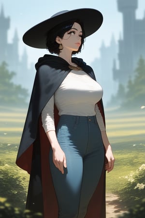 1girl, solo, mature female, pale skin, black hair, short hair, hat, lips, shirt, pants, cloak, standing, outdoors, full shot, depth of field, best quality, amazing quality, very aesthetic, best details, highres, score_9, score_8, score_7