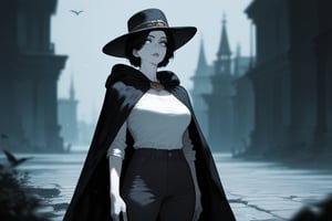 1girl, solo, mature female, pale skin, black hair, short hair, hat, lips, shirt, pants, cloak, standing, outdoors, dark theme, depth of field, best quality, amazing quality, very aesthetic, best details, highres, score_9, score_8, score_7