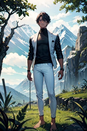 masterpiece, best quality, ultra detailed, highres, 1boy, mature man, dark skin, shirt, black shirt, long sleeve, skinny pants, white pants, bare feet, standing, outdoor, grass, nature, mountains