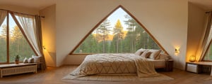 A cozy bedroom with soft, ambient lighting, featuring a unique triangle-shaped window overlooking a serene forest. The window lets in a warm, golden glow as the sun sets, casting intricate shadows on the wooden floor. The bed is adorned with plush, textured blankets and pillows, with a rustic wooden headboard. Soft, flowing curtains frame the triangle window, and a small plant sits on the windowsill, adding a touch of greenery. The room has a warm, earthy color palette, with detailed textures, high-quality rendering, 8k,360 View, 360, panorama