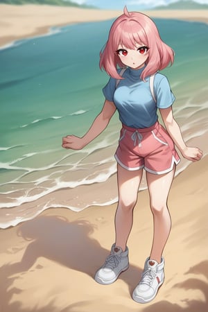 score_9, score_8_up, score_7_up, score_6_up, score_5_up, score_4_up, BREAK source_anime, 1girl, looking at viewer, Wispy Bangs, pink hair, red eyes, blue shirt, turtleneck, short sleeves, pink shorts, white sneaker, standing, BREAK outside, sand, sea, Backlight, eye-level shot