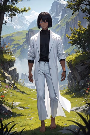 masterpiece, best quality, ultra detailed, absurdres, 1boy, dark skin, black hair, bob cut, BREAK shirt, black shirt, long sleeve, BREAK skinny pants, white pants, bare feet, standing, outdoor, grass, nature, mountains