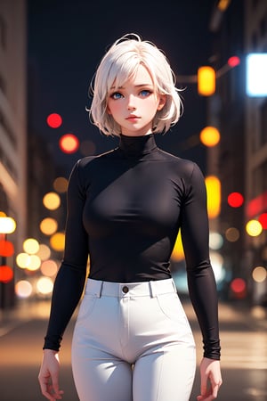 (realistic:1.3), 1girl, flat chest, black shirt, turtleneck, white pants, short hair, white hair, blue eyes, full_length_portrait, standing, outdoor, (city:0.9), depth of field, night, light particles, light rays, sidelighting, ((masterpiece, best quality))