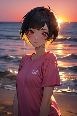 (masterpiece, best quality), highly detailed, 1girl, Pixie cut, red eyes, pink shirt, short sleeves, upper body, outside, sand, sea, sunset, backlighting, eye-level shot