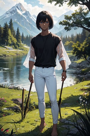 masterpiece, best quality, ultra detailed, absurdres, 1boy, dark skin, black hair, bob cut, black shirt, long sleeve, skinny pants, white pants, bare feet, standing, outdoor, grass, nature, mountains