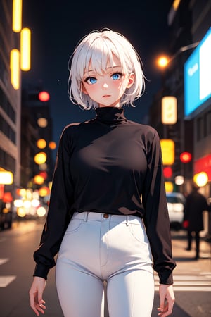 1girl, black shirt, turtleneck, white pants, short hair, white hair, blue eyes, full_length_portrait, standing, outdoor, (city:0.9), depth of field, night, light particles, light rays, sidelighting