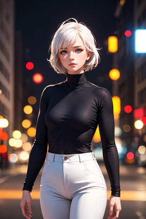 (realistic:1.3), 1girl, flat chest, black shirt, turtleneck, white pants, short hair, white hair, blue eyes, full_length_portrait, standing, outdoor, (city:0.9), depth of field, night, light particles, light rays, sidelighting, masterpiece, best quality, ultra-detailed