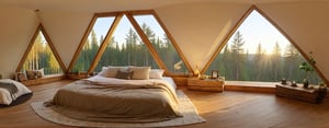 A cozy bedroom with soft, ambient lighting, featuring a unique triangle-shaped window overlooking a serene forest. The window lets in a warm, golden glow as the sun sets, casting intricate shadows on the wooden floor. The bed is adorned with plush, textured blankets and pillows, with a rustic wooden headboard. Soft, flowing curtains frame the triangle window, and a small plant sits on the windowsill, adding a touch of greenery. The room has a warm, earthy color palette, with detailed textures, high-quality rendering, 8k,360 View, 360, panorama