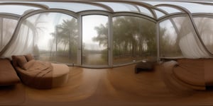 A cozy bedroom with a triangle-shaped window overlooking a serene forest, 360 View, 360, panorama, realism, 360全景