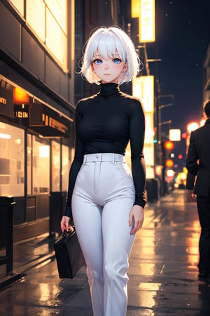 1girl, short hair, ,white hair, blue eyes, black shirt, turtleneck, white pants, full_length_portrait, standing, outdoor, (city:0.9), depth of field, night, light particles, light rays, sidelighting