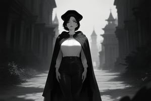 1girl, solo, mature female, pale skin, black hair, short hair, hat, lips, shirt, pants, cloak, standing, outdoors, black theme, depth of field, best quality, amazing quality, very aesthetic, best details, highres, score_9, score_8, score_7