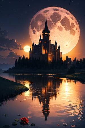 realistic, landscape, night, reflection, full moon, moonlight, rose, castle, shadow, darkness, bat \(animal\),