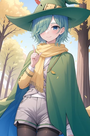 1girl, solo, looking at viewer, blush, smile, short hair, blue hair, blue eyes, half-open eyes, calm face, long sleeves, hat green, closed mouth, blue hair, jacket, pantyhose, outdoors, shorts, hand up, cape, hair over one eye, tree, black pantyhose, witch hat, cloak, forest, yellow scarf, grey jacket, green headwear, hat feather, white and red feather, grey shorts, green cape, feather in the hat, perfect hands, perfect finger