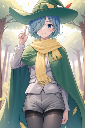 1girl, solo, looking at viewer, blush, smile, short hair, blue hair, blue eyes, half-open eyes, calm face, long sleeves, hat green, closed mouth, blue hair, jacket, pantyhose, outdoors, shorts, cape, hair over one eye, tree, black pantyhose, witch hat, cloak, forest, yellow scarf, grey jacket, green headwear, hat feather, white and red feather, grey shorts, green cape, feather in the hat, perfect hands, perfect finger, random standing pose