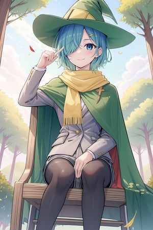 1girl, solo, looking at viewer, blush, smile, short hair, blue hair, blue eyes, half-open eyes, calm face, long sleeves, hat green, closed mouth, blue hair, jacket, pantyhose, outdoors, shorts, hand up, cape, hair over one eye, tree, black pantyhose, witch hat, cloak, forest, yellow scarf, grey jacket, green headwear, hat feather, white and red feather, grey shorts, green cape, feather in the hair, random sitting pose, chair, perfect hands, perfect finger