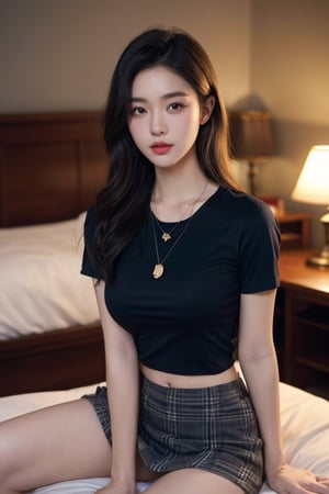  Black hair, white eyes, detailed hair
a masterpiece, photo real, 21-year-old, standing behind, korean girl with flowing, long blonde hair that goes down to her waist, hyper-realistic beautiful azure eye, slender eyebrows, and tanned, dark-colored skin. Fit body, slender, (perfect realistic large breasts 32D), cleft chin. She should have a natural, approachable expression. instagram model, looking into the camera, ((breasts tight tshirt)), (((top tshirt))), short_sleeves, bare midriff, ((miniskirt )), ((skirt worn very low on hips)), cotton skirt, (flowing dark tartan skirt), position (lying on bed:1.2), autumn_leaves, in park, sunshine, ((pendant)), selfie. Extremely Realistic. sfw:2, (sharp focus:1.2), full body portrait, Blonde black hair, ((pinup)), pin up girl, ((full body)), (beautiful face:1.1), stockings, garter belt, detailed eyes, luscious lips, (makeup:1.4), (tight body:1.2), neon stiletto heels, rim lighting, two tone lighting, dimly lit, low key, (warm lamp lighting:1.2), depth of field, bokeh, 4K, HDR. by (James C. Christensen:1.2|Jeremy Lipking:1.1). chubby cheeks, [:(detailed face:1.2):0.2], 3 view frames. Capture this image with a high-resolution photograph using an 85mm lens for a flattering perspective., Realism, Ara