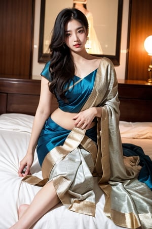  Beautiful korean girl in saree, full body, on bed, blond_hair, black hair, realistic, photography, very hot, luxurious saree,
Sitting in an elegant pose, 