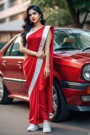 a cute hot sexy hindu girl standing near car , she must wear  red saree dress,  white sneakers, Extremely Realistic,  , perfect , ultra sharp,  realistic skin , perfect, hand , face looks like just now waked up 