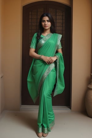 ,full_body,green saree in the rood,