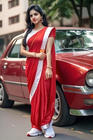 a cute hot sexy hindu girl standing , she must wear red saree dress,  white sneakers,hand rosre,