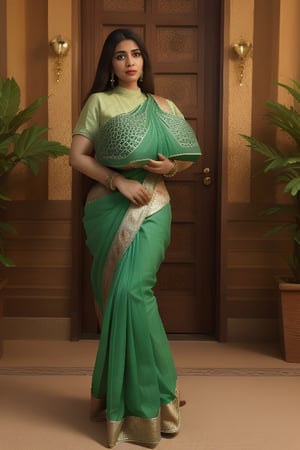 big_breast ,full_body,green saree in the rood,