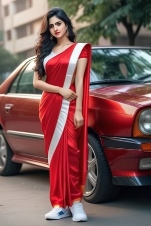 a cute hot sexy hindu girl standing , she must wear red saree dress,  white sneakers, Extremely Realistic,  , perfect , ultra sharp,  realistic skin , perfect, hand , face looks like just now waked up 