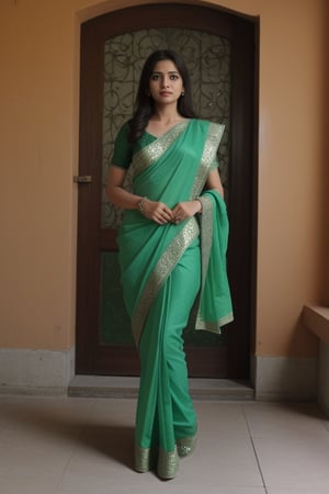  ,full_body,green saree in the rood,