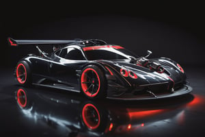 Photo of Pagani,car exhibition, black background,neon light,pro photography, professional,car photography , high quality, cg, masterpiece, details , concept car, fancy cyborg design, futuristic, cyborg style,cyberpunk style, Black color, glossy, Light red color wheels,detailmaster2, high details, front perspective view,cyberpunk,pturbo,neon photography style