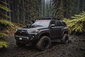 black toyota 4runner in the forest, mount rainier, muddy, photography, real, realistic, 8k, bbs, snow, mountains, photorealistic, ultra detailed, --v 4