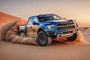 photo of a Ford F-150 Raptor racing in a sand dune, sunset, motion, shot on a Sony mirrorless camera, DSLR, 85mm lens f/8, ultra detailed, 8k