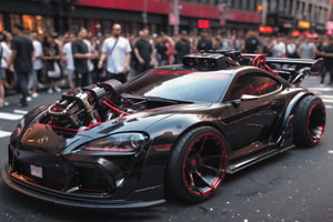 Toyota Supra MK4, concept car, fancy cyborg design, futuristic, cyborg style,cyberpunk style, surrounded by people , Drifting in New York City, Black color, glossy, Light red color wheels,detailmaster2, high details, front perspective view,cyberpunk,pturbo