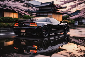 Black Honda NSX in kyoto at sunset, rain, cherry blossoms, reflection, side profile, sunset, photography, 8k, realistic, shot on sony mirrorless camera, ultra detailed, photorealistic