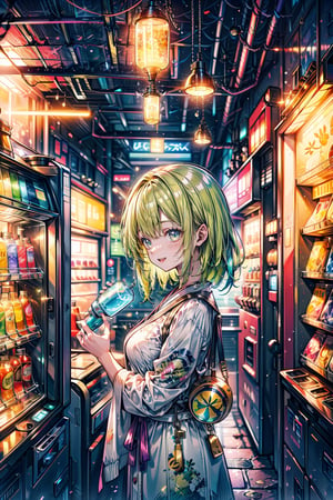 ((best quality, masterpiece, absurdres, super-resolution)) photo of beautiful jpn-gyaru, solo, Green,Blonde,Purple,White hair, standing in playground, from far, from side, glossy, beautiful anime eyes with luster reflection, beautiful, money, coins, drinks, bottled water, can soda, (ramune:1), vending machine on background