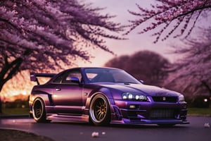 a dark purple Nissan Skyline GT - R at sunset with cherry blossom trees, wind, windy, shot on a Sony DSLR, 50mm lens f/ 2. 8, ultra detailed ,--v 5,pturbo