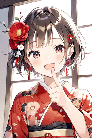 a cute girl,dark brown short hair BREAK red flower hair ornament BREAK red kimono,（eyes closed：1.4）,（double thumbs up：1.2）,:d,natural light,dangle earrings,flower hairpin,blush,masterpiece, best quality, aethetic