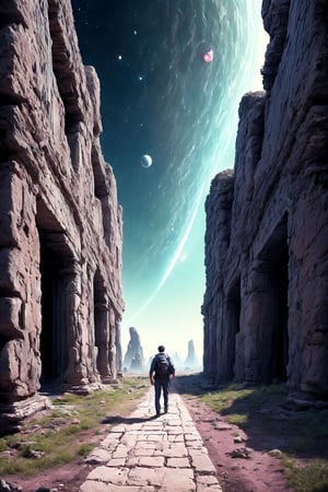 (Masterpiece), (hyper-realistic), (perfectly Detailed) image of the back of an astronout, 1boy, walking alone in an unknown and ancient landscape, full of bizzare yet fascinating flora and fauna. Even though hes alone but he still maintain his calm and keep walking forward. Artistic photography, absurdres, masterpiece 8K HDR quality image