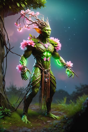 (The king),(Cyberpunk Treeman),metal leaves,wired branches,glowing light eyes,mechanical bark,with moss-covered bark,tribe outfit,(ancient tribal markings),control tendrils extending from the arms,Neon lights dancing on the body,(Lightning around branches and leaves),(peach blossom),Soft and delicate petals,vivd colour,(A harmonious blend of green and pink),(Ominous dark clouds in the sky),Night atmosphere,A futuristic,Vivid colors and high-contrast lighting,Dramatic shadows and highlights.(best quality, 4k, 8k, masterpiece: 1.2), ultra fine, (realistic, photo realistic, photo realistic: 1.37)