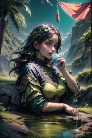 an woman drinking water from a green coconut with a straw is in the foreground. The surrounding decor contains green plants, a triforce symbol, Harry Potter references and circus flags, detailed matte painting, deep colors, fantastic and intricate details, splash screen, complementary colors, fantasy concept art, 8k resolution trending on Artstation Unreal Engine