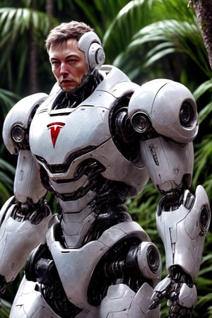 Cinematic Photo:1.3) of (Ultra detailed:1.3) Elon Musk as a muscular AI robot saving humanity, in the rainforest, with the Tesla logo on his chest plate in the style of Bloomsbury group, expressive character design, focus on joints/connections, leaf patterns, playful animation, shaped canvas, soft watercolors, Highly Detailed