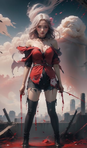 full body,Blood Mist, background_Urban rooftop,1 girl,despair,blood sakura,((masterpiece)), (((best quality))), ((ultra-detailed)), ((illustration)), ((disheveled hair)),Blood Cherry Blossom,torn clothes,crying with eyes open,solo,Blood Rain,bandages,Gunpowder smoke,beautiful deatailed shadow, Splashing blood,dust,tyndall effect,fantasy00d