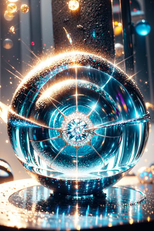 crystal magic circle,spaceship,glitter ,gold crystal ball,blue flowers shine in background 