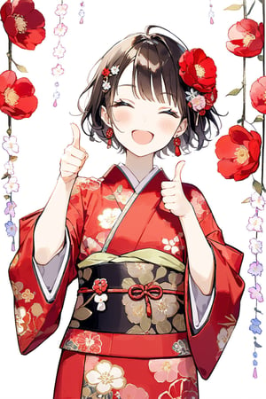 a cute girl,dark brown short hair BREAK red flower hair ornament BREAK red kimono,（eyes closed：1.4）,（double thumbs up：1.2）,:d,natural light,dangle earrings,flower hairpin,blush,masterpiece, best quality, aethetic