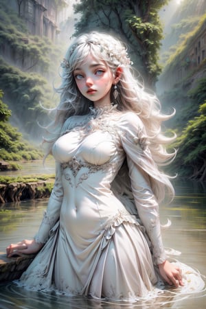 (extremely detailed CG unity 8k wallpaper),(((masterpiece))), (((best quality))), ((ultra-detailed)), (best illustration),(best shadow), ((an extremely delicate and beautiful)),dynamic angle,floating, solo,((1girl)),{long wavy curly hair},expressionless,((white idol dress)), anglesailor dress,(detailed wet clothes),silk shawl,bikini,underboob, frills,cute anime face,blush,(beautiful detailed eyes), (detailed light),feather, nature, (sunlight), river, (forest),(((floating palace))),beautiful and delicate water,(painting),(sketch),(bloom),(shine),High detailed 
