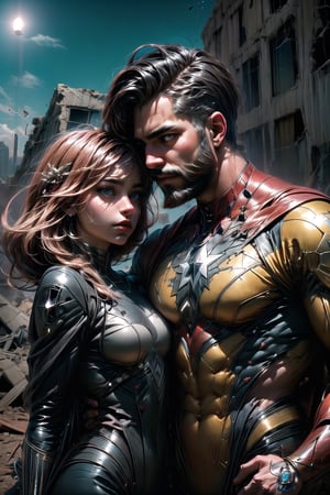 A couple of superhero bearded and woman looking each other in love between a battle scene, marvel like, standing at the ruined city, depth of field, cinematic