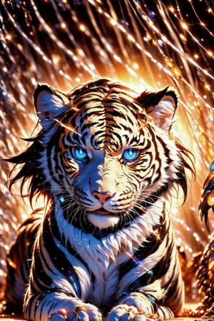 (mecha tiger,robot cat),(black and white entanglement),(crystal and silver entanglement),Masterpiece, beautiful details, perfect focus, uniform 8K wallpaper, high resolution, exquisite texture in every detail, ((background Blur: 2)),  accessories like leaf-shaped earrings and flower crowns.  break pastel,perfect light
,glowing eye,cat