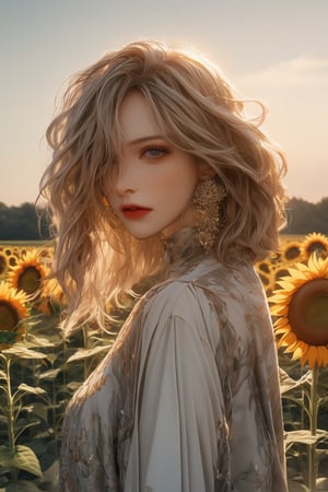  A beautiful woman. Sunflower field. Best Quality, Crazy Details and Sharp Focus, Masterpiece, Professional, Award Winning, Fine Detail, High Detail, UHD, 64k, Soft Look