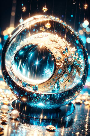 crystal magic circle,spaceship,glitter ,gold crystal ball,blue flowers shine in background 